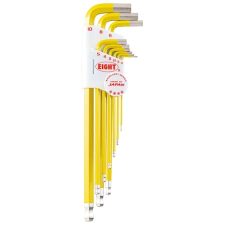 Eight Tool TAPER HEAD HEX KEY L-HANDLE EXTRA LONG SET, 9PC 1.5-10MM YLW TLC-S9NYE